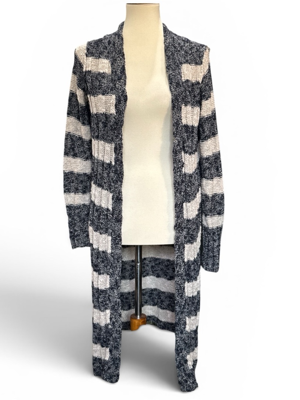 Free People Striped Open Front Long Cardigan in Navy and Cream #440